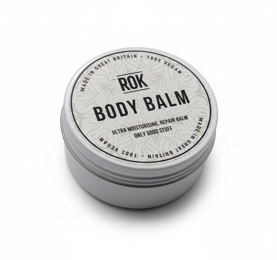 ROK Body Balm white tin on white background – vegan ultra moisturising repair body balm UK