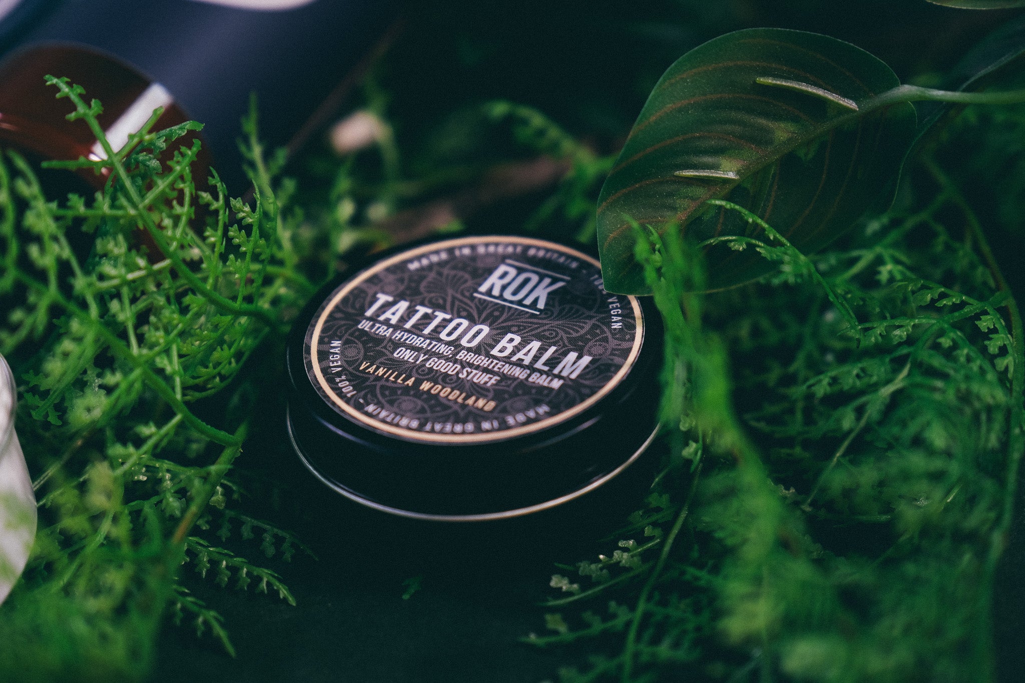 ROK Tattoo Balm tin surrounded by vibrant green fern foliage – vegan tattoo aftercare balm UK