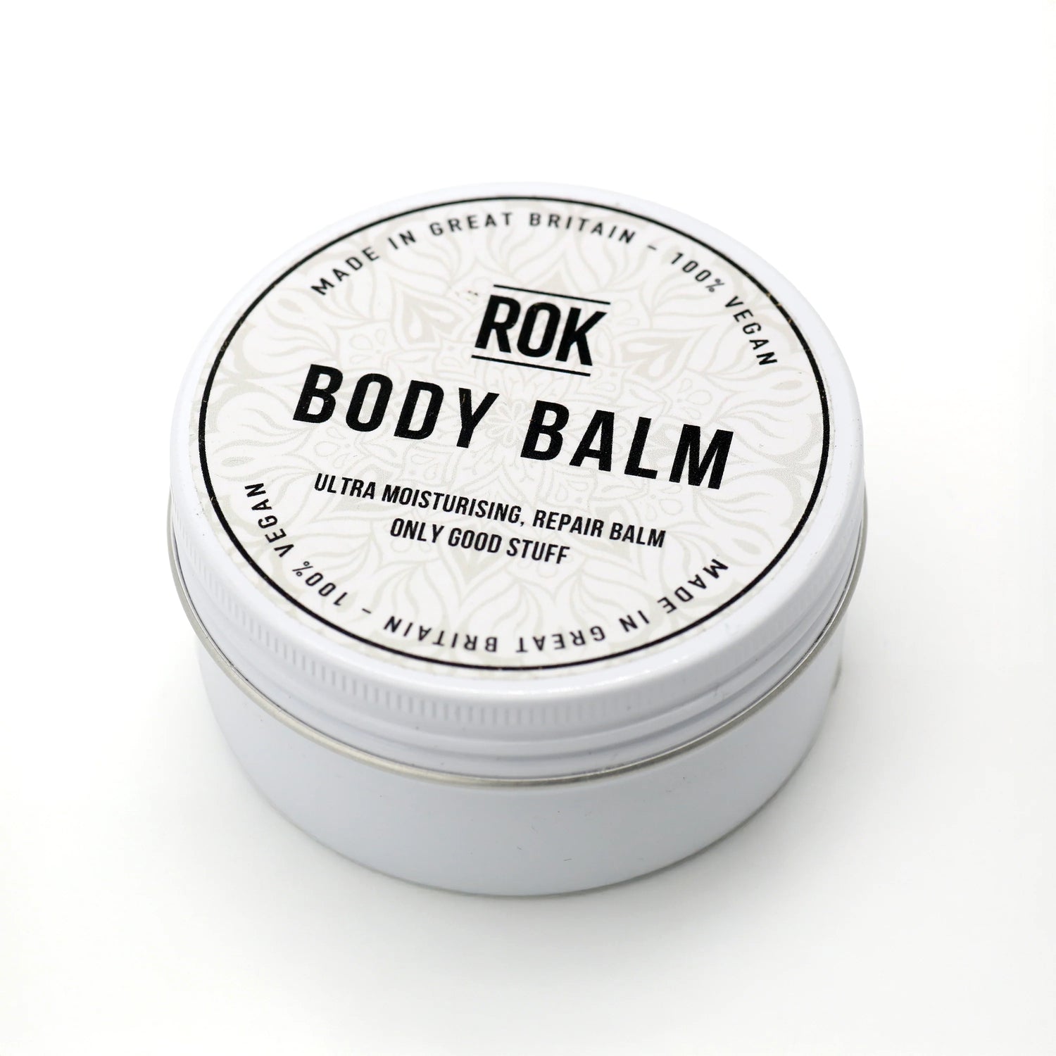 ROK Body Balm white tin on white background – vegan ultra moisturising repair body balm UK