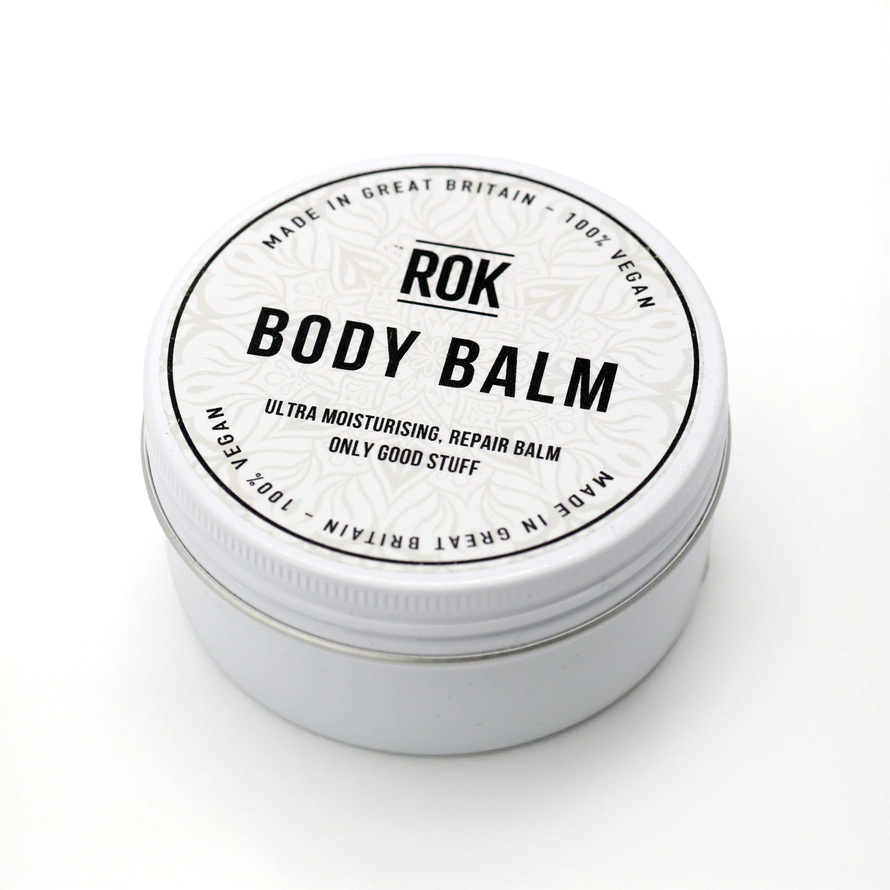 ROK Body Balm white tin on white background – vegan ultra moisturising repair body balm UK