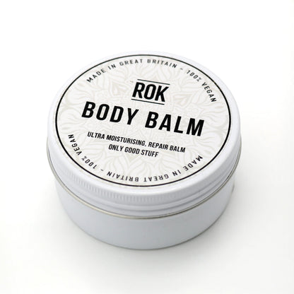 ROK Body Balm white tin on white background – vegan ultra moisturising repair body balm UK