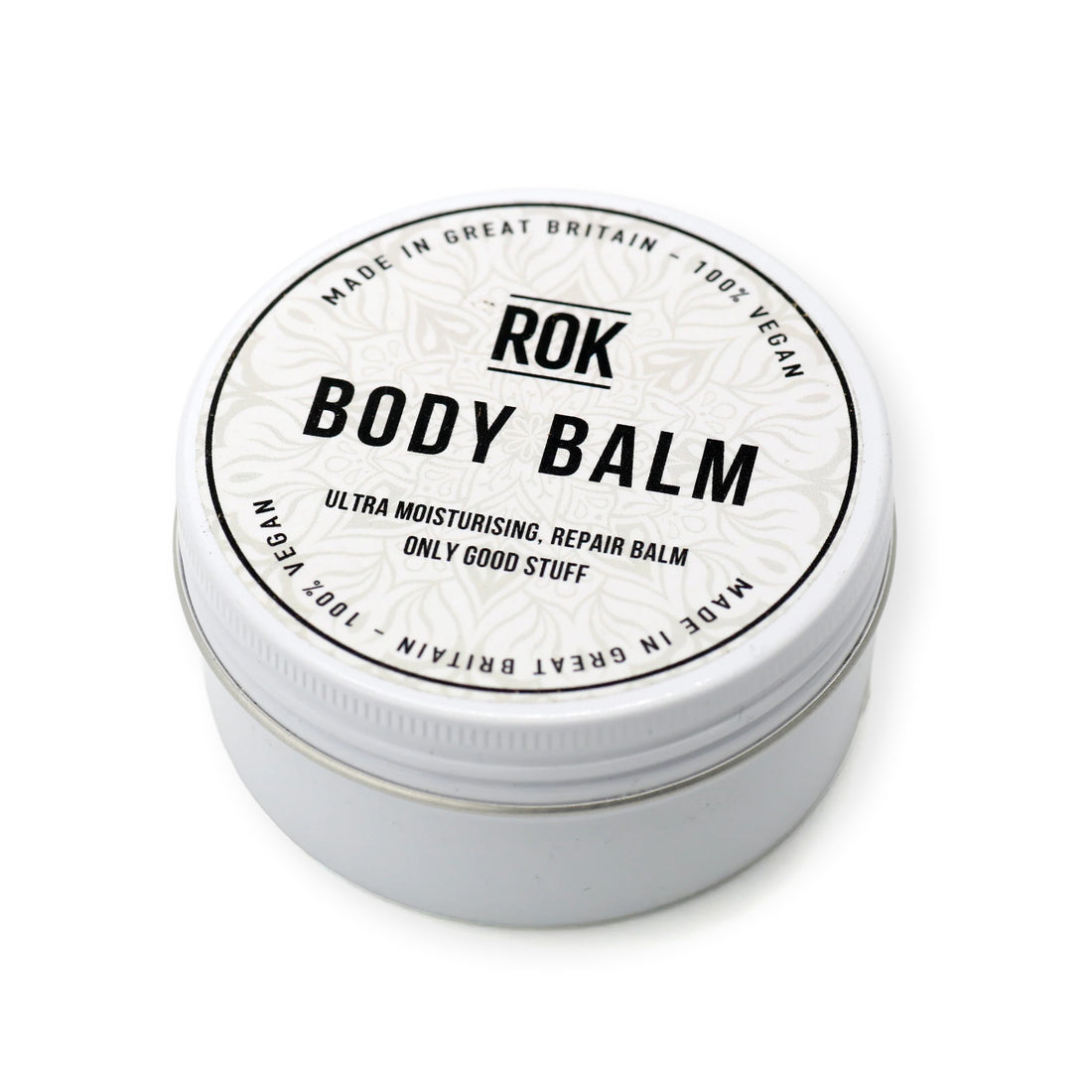 ROK Body Balm white tin on white background – vegan ultra moisturising repair balm made in UK