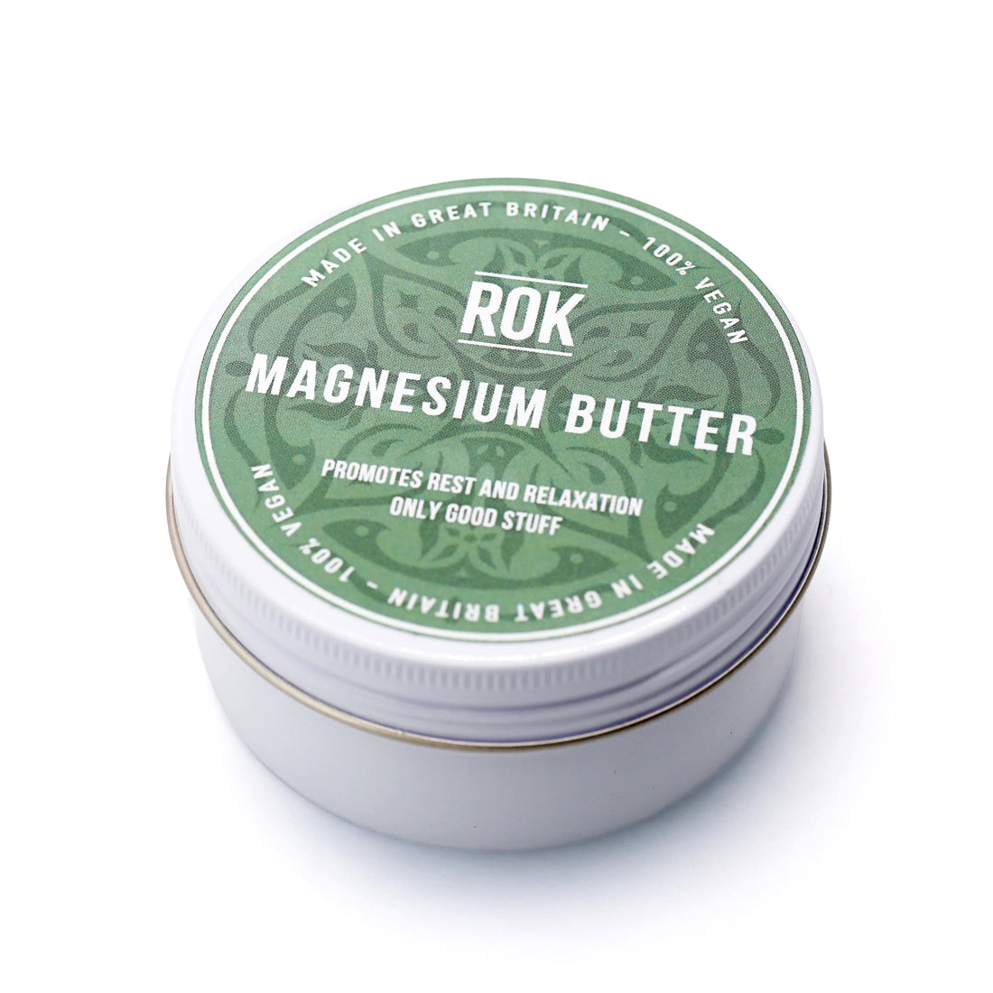 ROK Magnesium Butter tin with green label – vegan relaxation body butter made in Great Britain