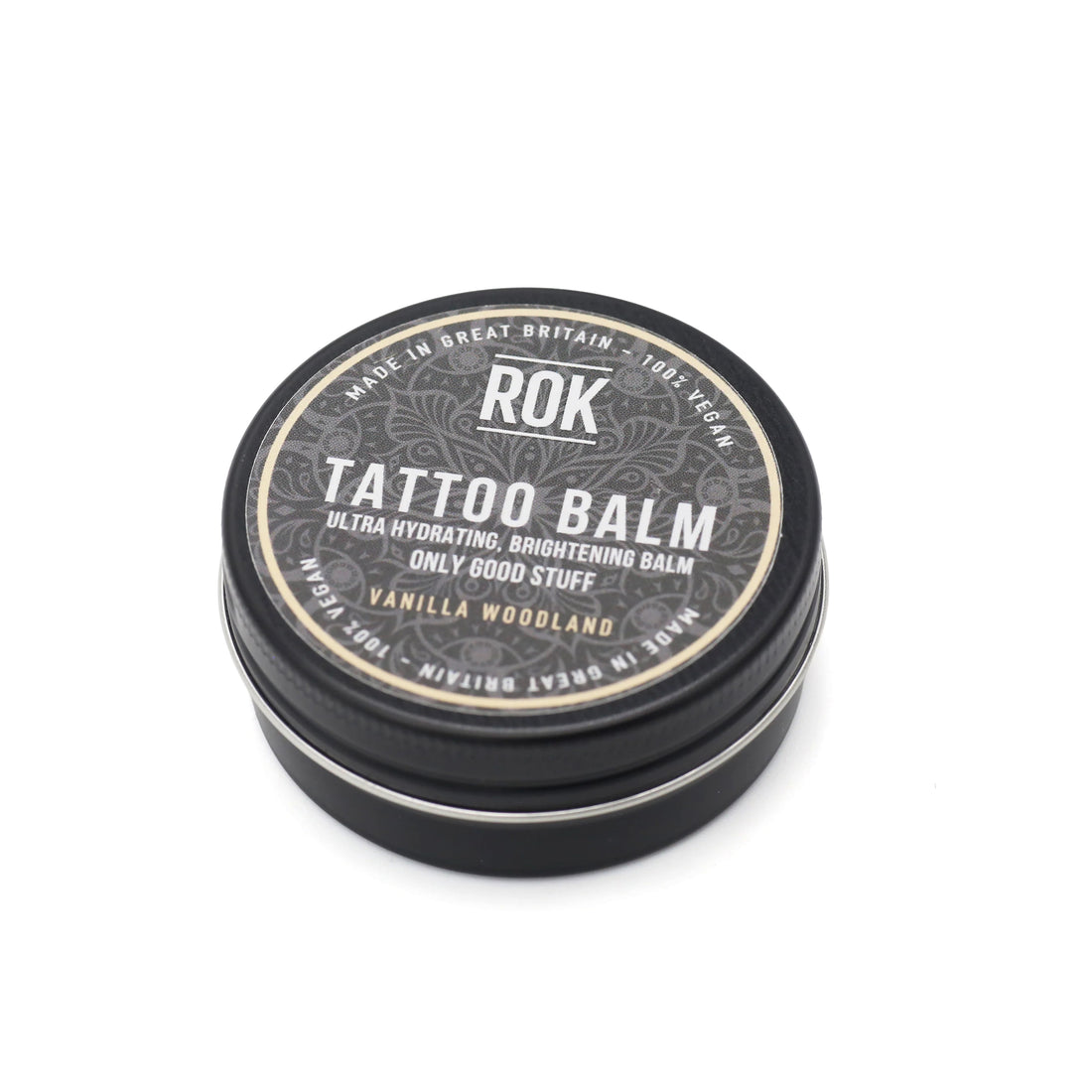 ROK Tattoo Balm tin on white background – vegan ultra hydrating tattoo aftercare balm made in UK